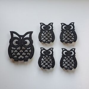 Vintage Cast Iron Owl Trivet Set of 5 Black Metal Hot Plate Stand Taiwan